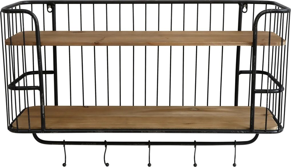 Čierna antik nástenná kovová polička s drevenými poličkami a háčikmi Hokie - 72*20*45cm