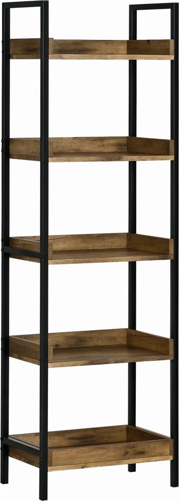HOMCOM Kniha s priemyselným dizajnom, 5-polícová knižnica, drevená a kovová, 48x30x155cm, rustikálna hnedá | Aosom