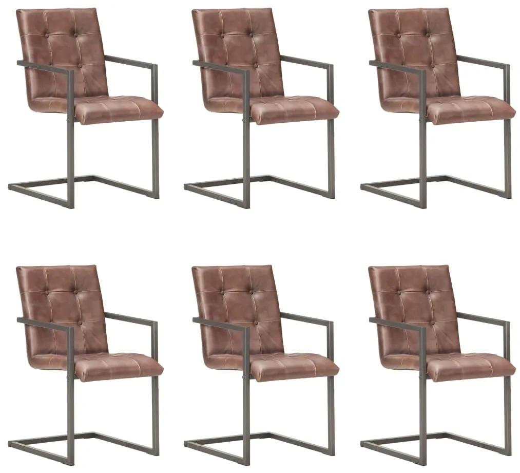 Jedálenské stoličky,perová kostra 6ks,ošúchaná hnedá,pravá koža