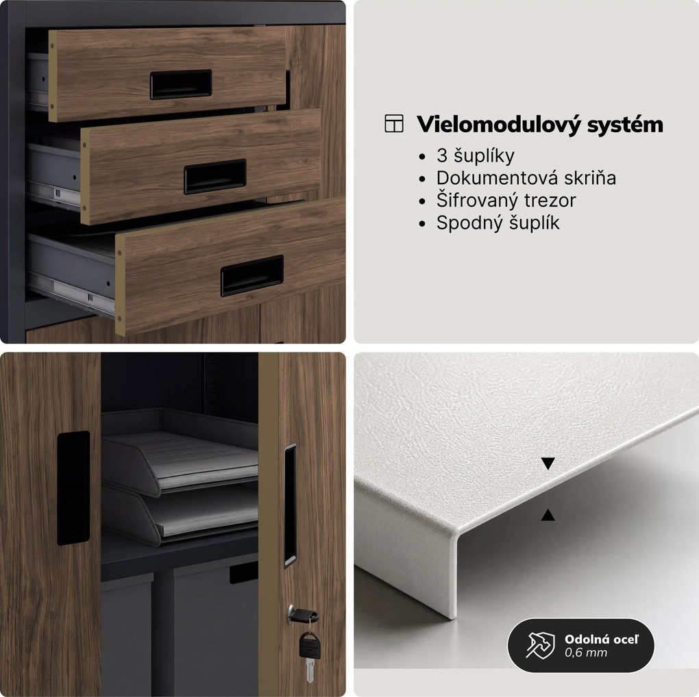 Kovová kancelárska skriňa so sejfom antracitová, orech, 900x1850x400 mm: FILIP II Eco Design