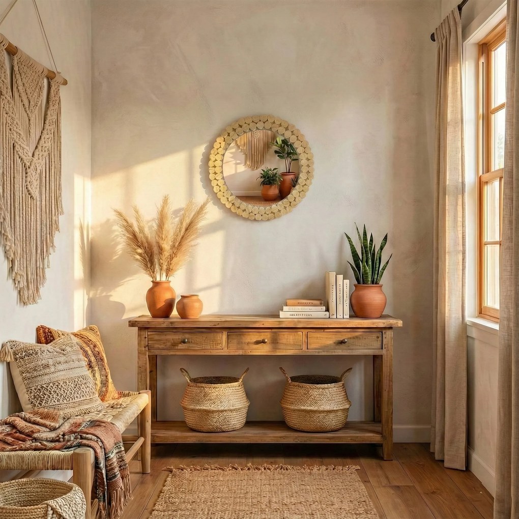 Okrúhle nástenné zrkadlo BOHO 36 cm prírodné
