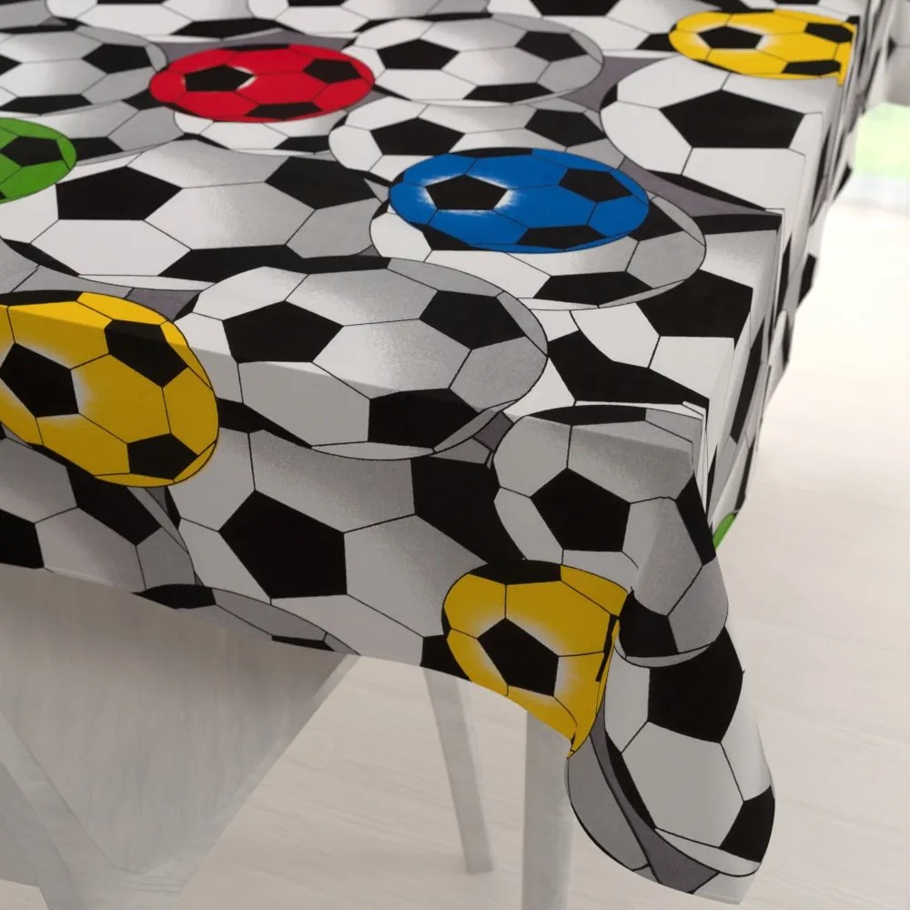Biante Detský bavlnený obdĺžnikový obrus Sandra SA-580 Farebné a sivé futbalové lopty 140x160 cm