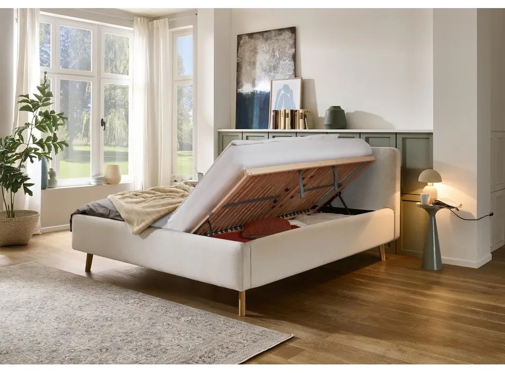 Krémová čalúnená dvojlôžková posteľ s úložným priestorom s roštom 180x200 cm Mattis – Meise Möbel