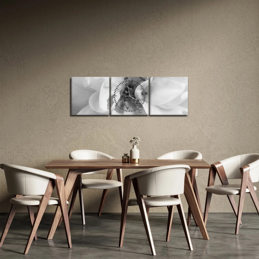 Obraz - Kvet, čiernobiela (s hodinami) (90x30 cm)