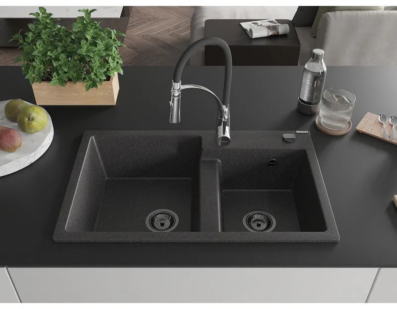 Mexen Tomas, 2-komorový granitový drez 800x500x190 mm a drezová batéria Aster, čierna škvrnitá, 6516-76-73450-07-B