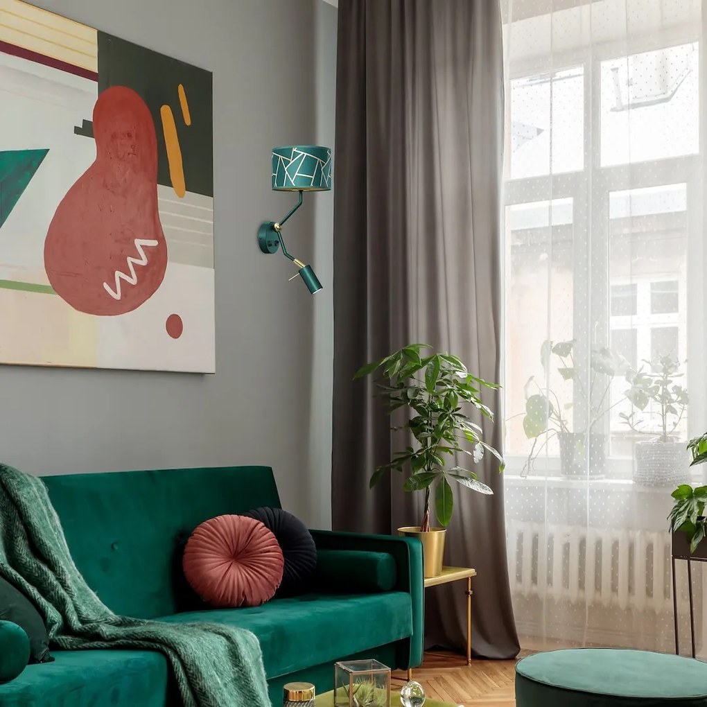 Nástenné svietidlo Ziggy, 1x zelené/zlaté textilné tienidlo + 1x zelené kovové tienidlo, gr/g, vypínač