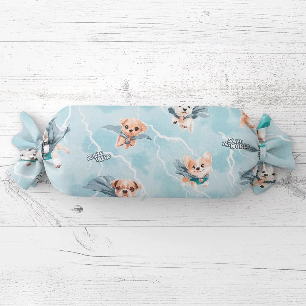 Biante Detský vankúš valec bonbon Sandra SA-651 Psí superhrdinovia na ľadovo modrom 15x40 cm
