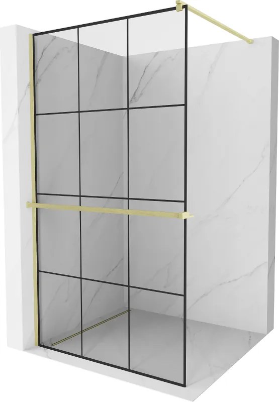 Mexen Kioto+, sprchová zástena Walk-In s poličkou a vešiakom 120 x 200 cm, 8mm číre sklo čierny vzor, zlatý matný profil, 800-120-121-55-77