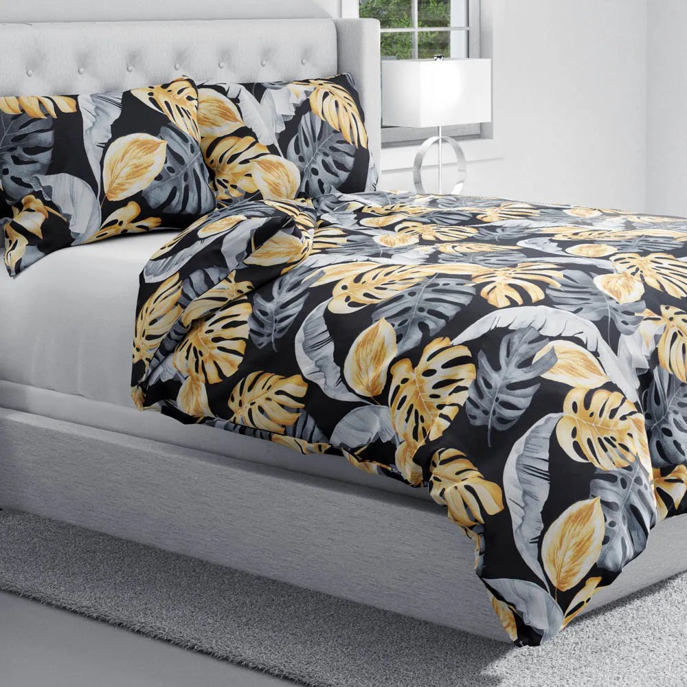Biante Bavlnené posteľné obliečky Sandra SA-228 Sivé a zlaté tropické listy na čiernom Predĺžené 140x220 a 70x90 cm
