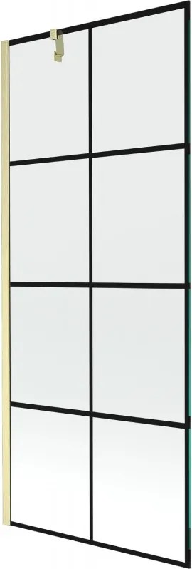 Mexen Next, 1-krídlová vaňová zástena 80 x 150 cm, 6mm číre sklo - čierny vzor, zlatá matná, 895-080-000-00-77-55