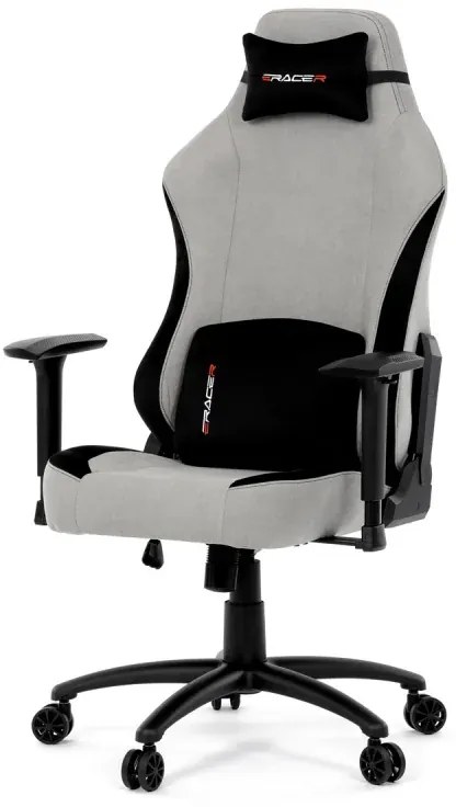 Herní křeslo, stříbrná látka, houpací mechanismus, polohování opěradla 90°-180°, 3D područky, polštáře z paměťové pěny,