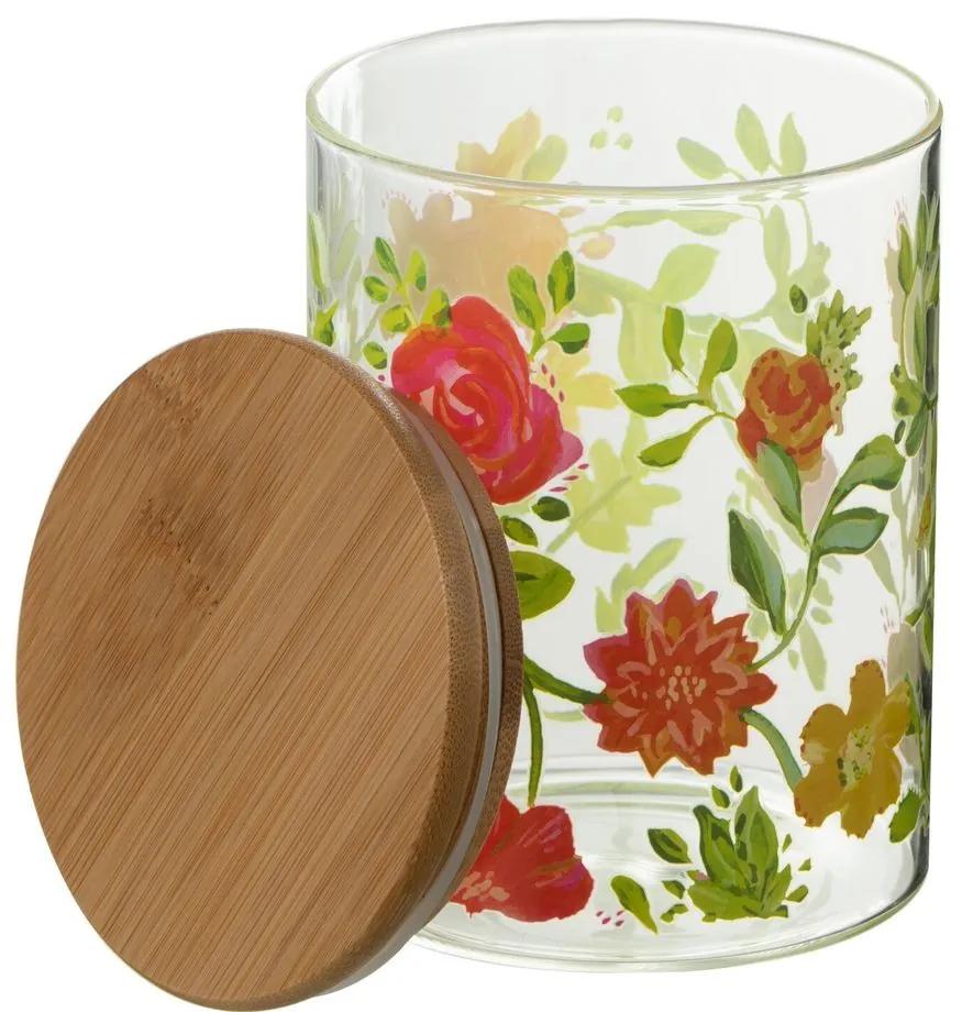 Sklenená dóza na potraviny s dreveným viečkom a kvetmi Floral glass - Ø10*13cm / 800ml