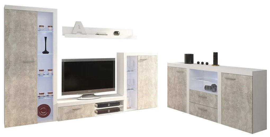 Obývacia stena Rodos s komodou, Farby: béžová piesková, Osvetlenie: osvetlenie LED