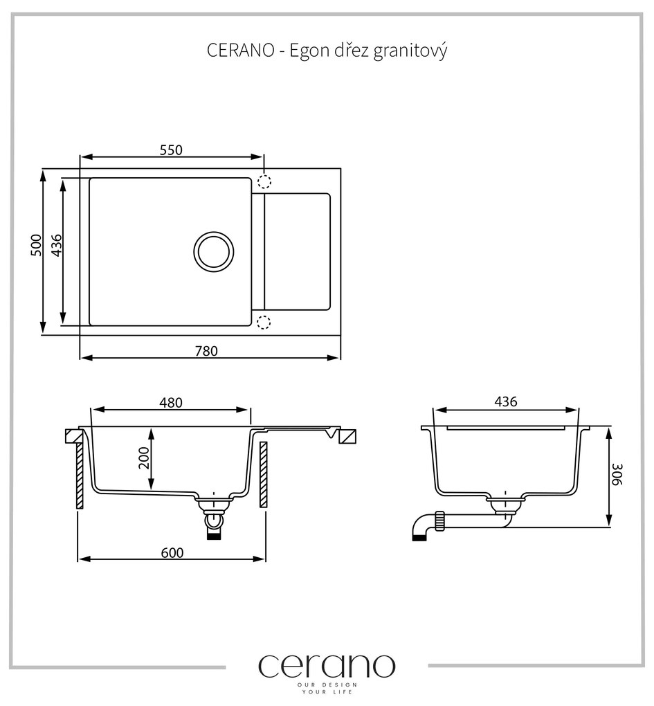 Cerano Egon, drez granitový, 1-komorový s odkvapkávačom, 780x500x200 mm, čierna metalická, CER-LIVSQT105-B