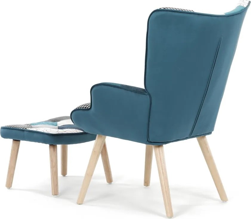 Relaxačné kreslo ušiak LISA + taburet — masív, látka, modrý patchwork