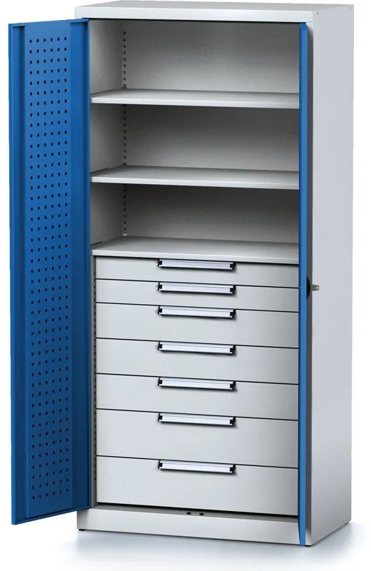 Policová dielenská skriňa 2-dverová MECHANIC, 3 police, 7 zásuviek, 920 x 500 x 1950 mm, modré dvere