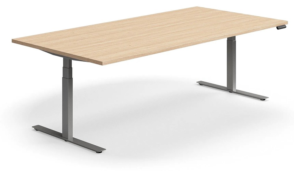 Výškovo nastaviteľný rokovací stôl QBUS, obdĺžnik, 2400x1200 mm, strieborný rám, dub