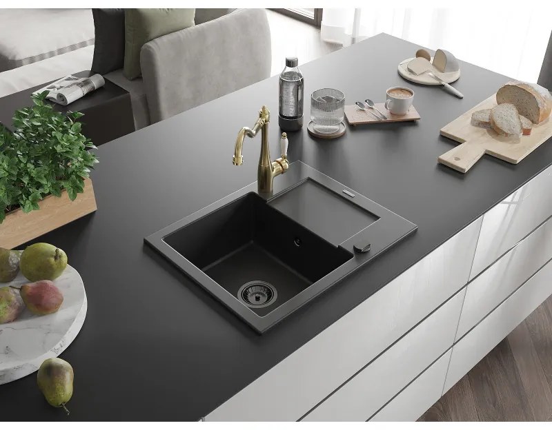 Mexen Enzo, granitový drez 576x465x174 mm, 1-komorový a drezová batéria Carla, čierna, 6506-77-670700-50-B