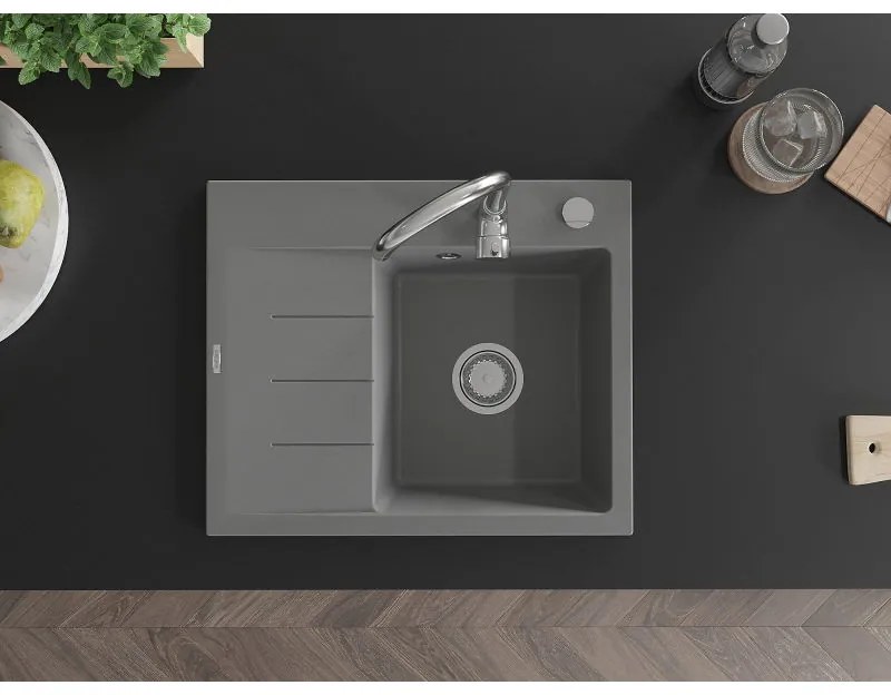 Mexen Ben, 1-komorový granitový drez 600x500x190 mm, pravý + chrómový sifón, šedá, 6523605000-71