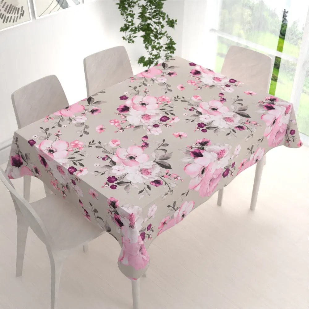 Biante Bavlnený obdĺžnikový obrus Sandra SA-494 Veľké ružové kvety na svetlo sivobéžovom 140x220 cm