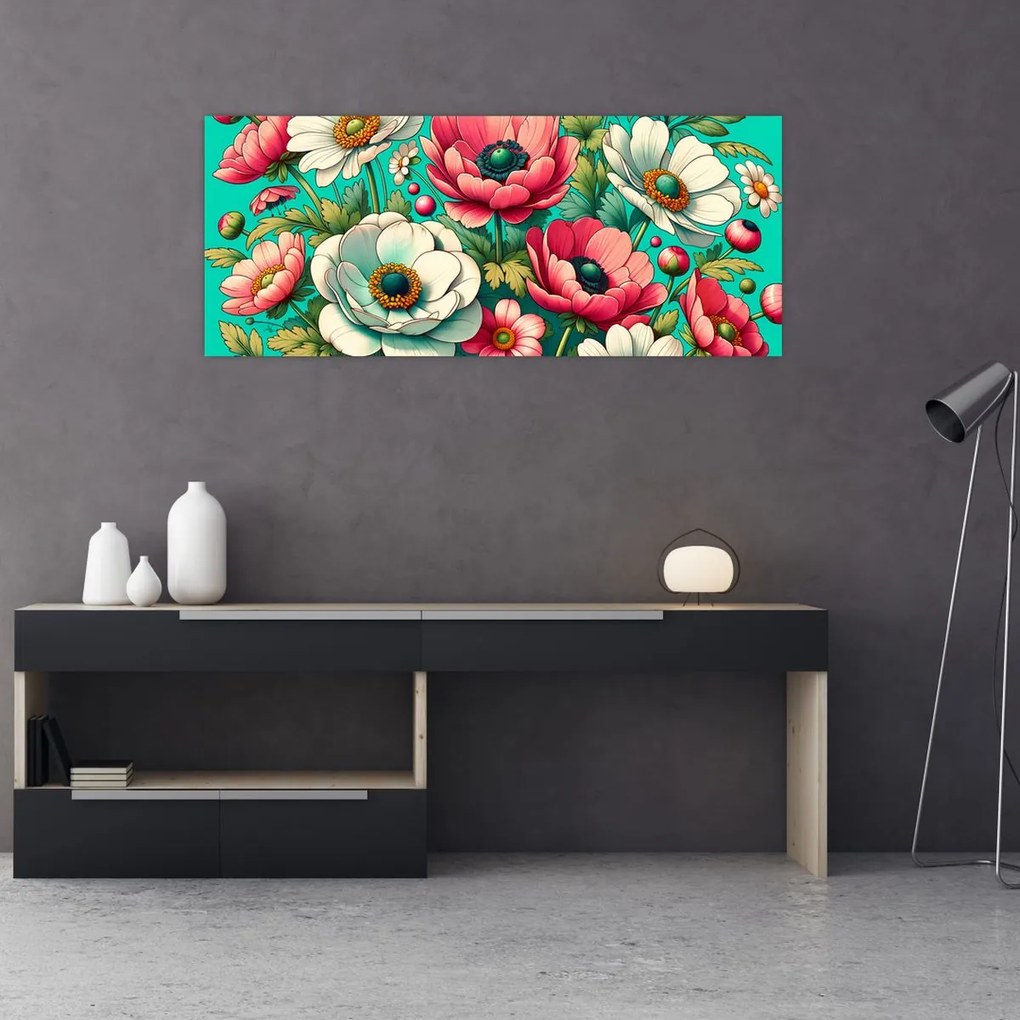 Obraz - Kvety na modrom pozadí (120x50 cm)