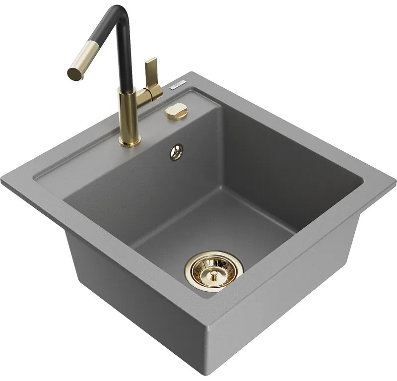 Mexen Vito, 1-komorový granitový drez 490x520x210 mm a drezová batéria Flora, šedá, 6503-71-670401-57-G