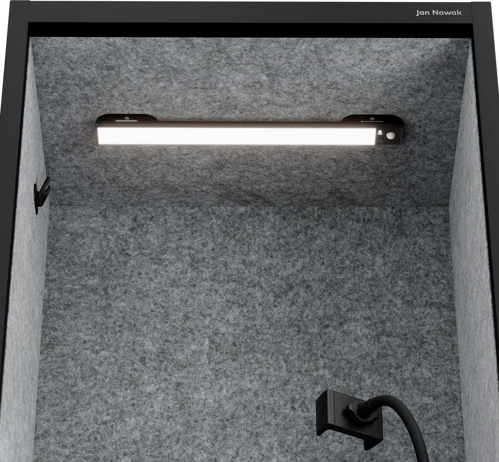 Kancelárska akustická kabína so sedadlom a portom USB-C, telo v čierny / sedák sivá v zelenej farbe, 600 mm: SALLY MentalBox