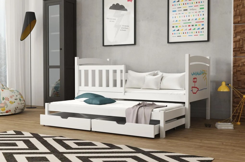 Detská posteľ z masívu borovice SABINA s prístelkou a šuplíky - 200x90 cm - BIELA
