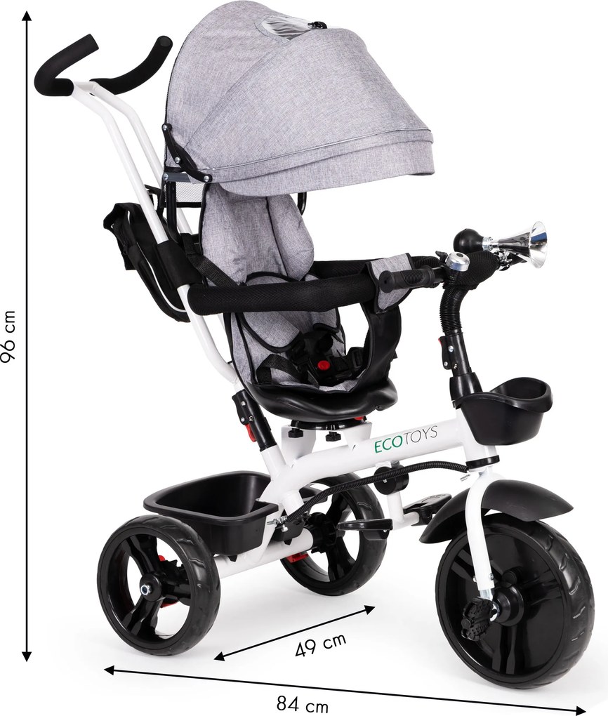 ECOTOYS otočná trojkolka 360° s strieškou, 5-bodovými pásmi, EVA kolesá, šedá