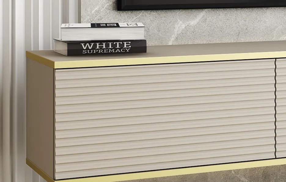 Závesná TV skrinka Orfeo, 175 cm, béžová štruktúra/zlatá