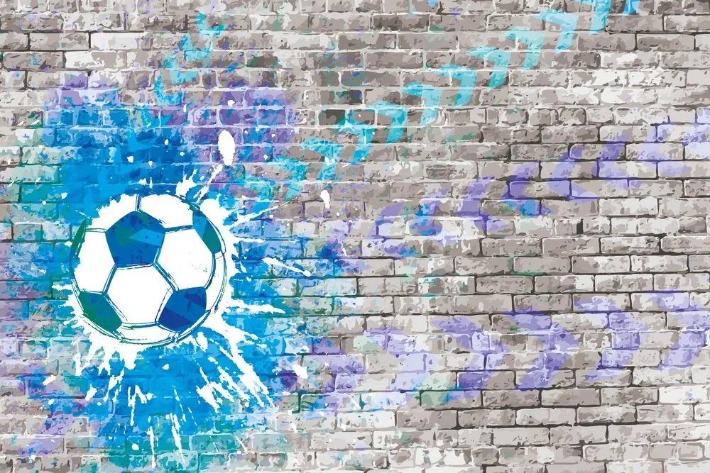 Tapeta modrá futbalová lopta na tehlovej stene - 225x150