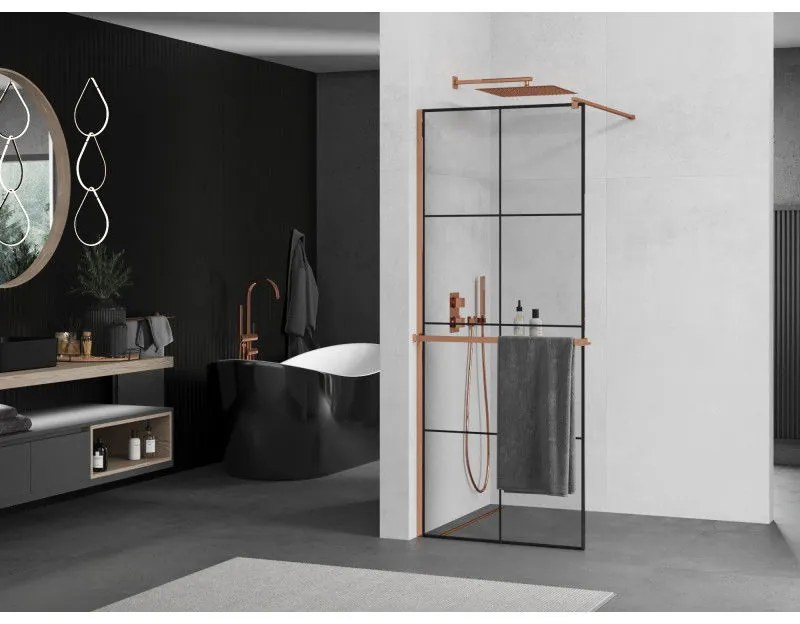 Mexen Kioto, sprchová zástena s poličkou a držiakom na uteráky 80 x 200 cm, 8mm číre sklo s čiernym vzorom, profil ružové zlato, 800-080-121-60-77