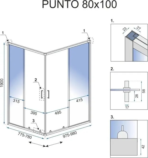 Rea Punto, sprchovací kút s posuvnými dverami 100x80cm + čierna sprchová vanička Savoy, chrómový profil, KPL-K1010