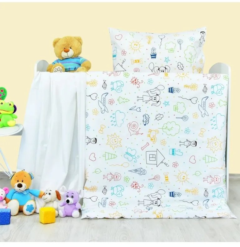 Obliečky detské bavlnené Happy biele EMI, Detský set 90x130 + 45x65