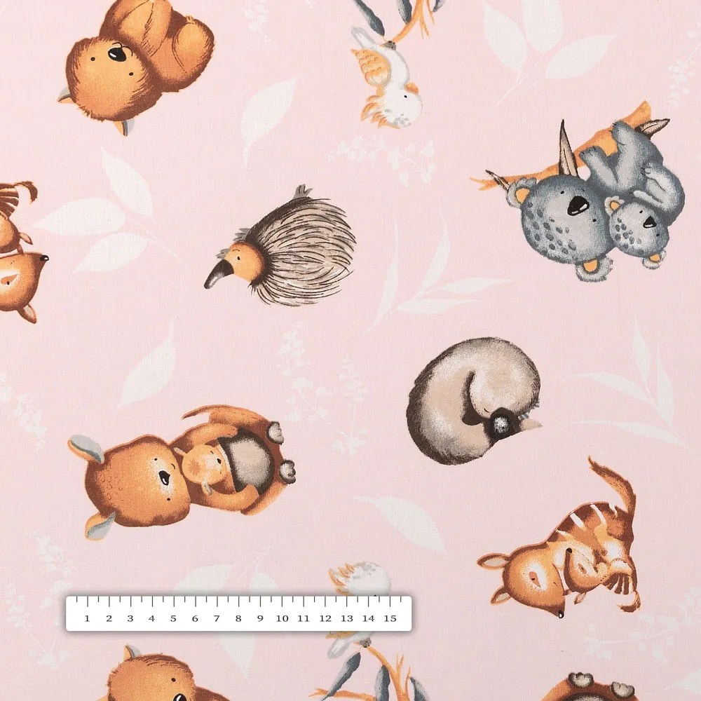 Biante Detský bavlnený behúň na stôl Sandra SA-533 Austrálske zvieratká na ružovom 35x180 cm