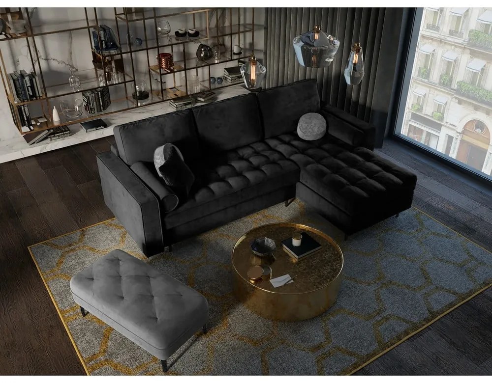 Čierna zamatová rozkladacia rohová pohovka Milo Casa Santo, pravý roh