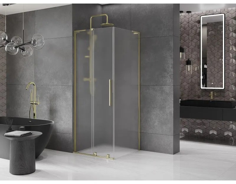 Mexen Velar L, sprchový kút s posuvnými dverami 100 x 100 cm, 8mm sklo námraza, zlatá lesklá, 871-100-100-33-50
