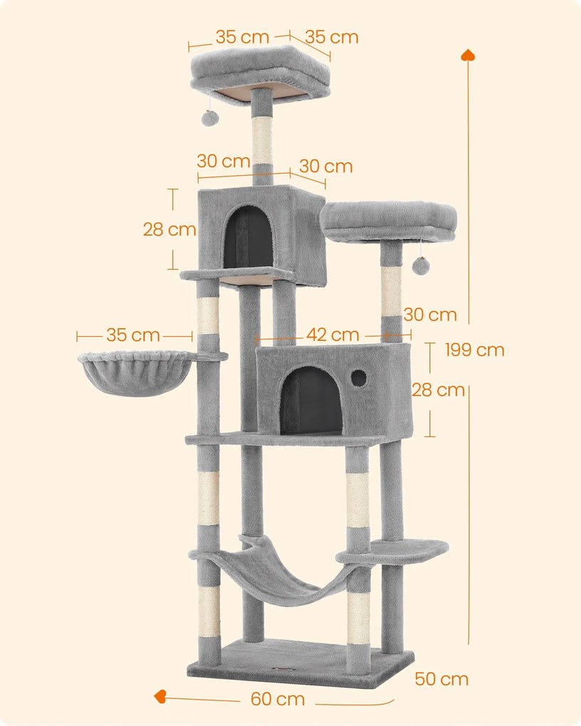 Mačací strom, úzka veža pre mačky, výška 199 cm, sivá farba