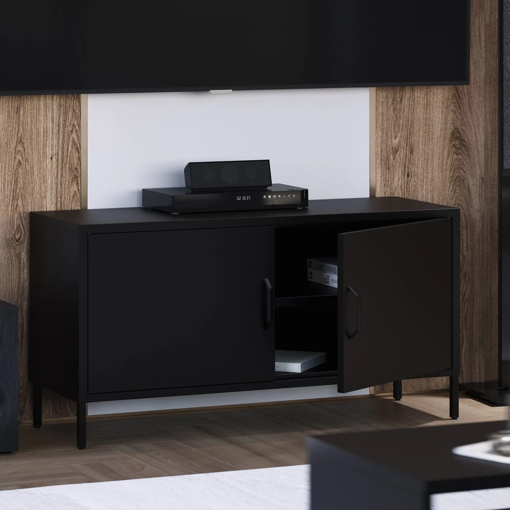 TV skrinka kovová na nožičkách čierna, 1150x595x400 mm: ROSA Modern