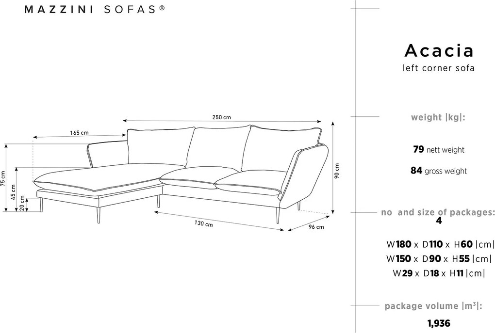 MAZZINI SOFAS Zamatová štvormiestna rohová pohovka Acacia ľavý roh 250 × 165 × 96 cm