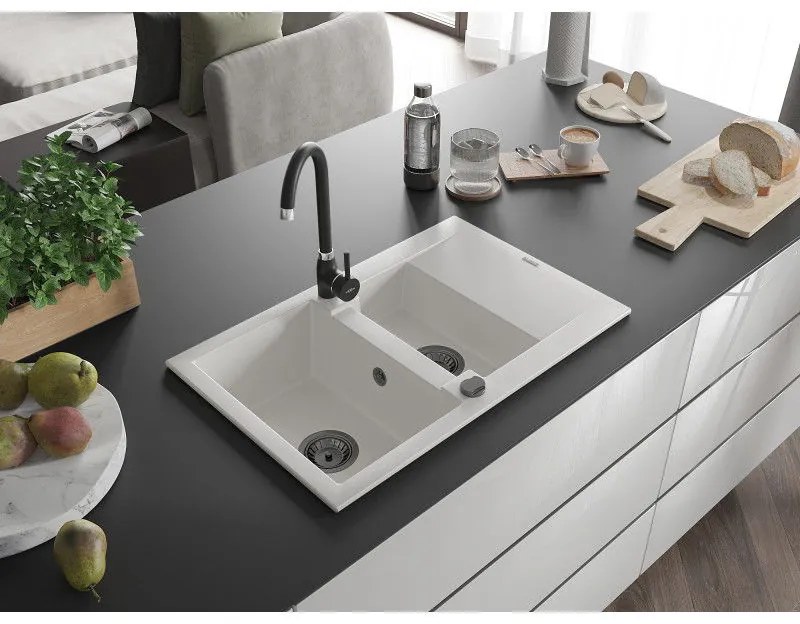 Mexen Gaspar, granitový drez 737x475x177 mm, 1,5-komorový, biela s čiernym sifónom, 6507731505-20-B