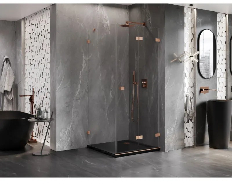 Mexen Lunar-F, 1-krídlový sprchový kút so skladacími dverami, pravý, 90 x 90 cm, 8mm číre sklo, medený profil, 836-090-090-65-00-P