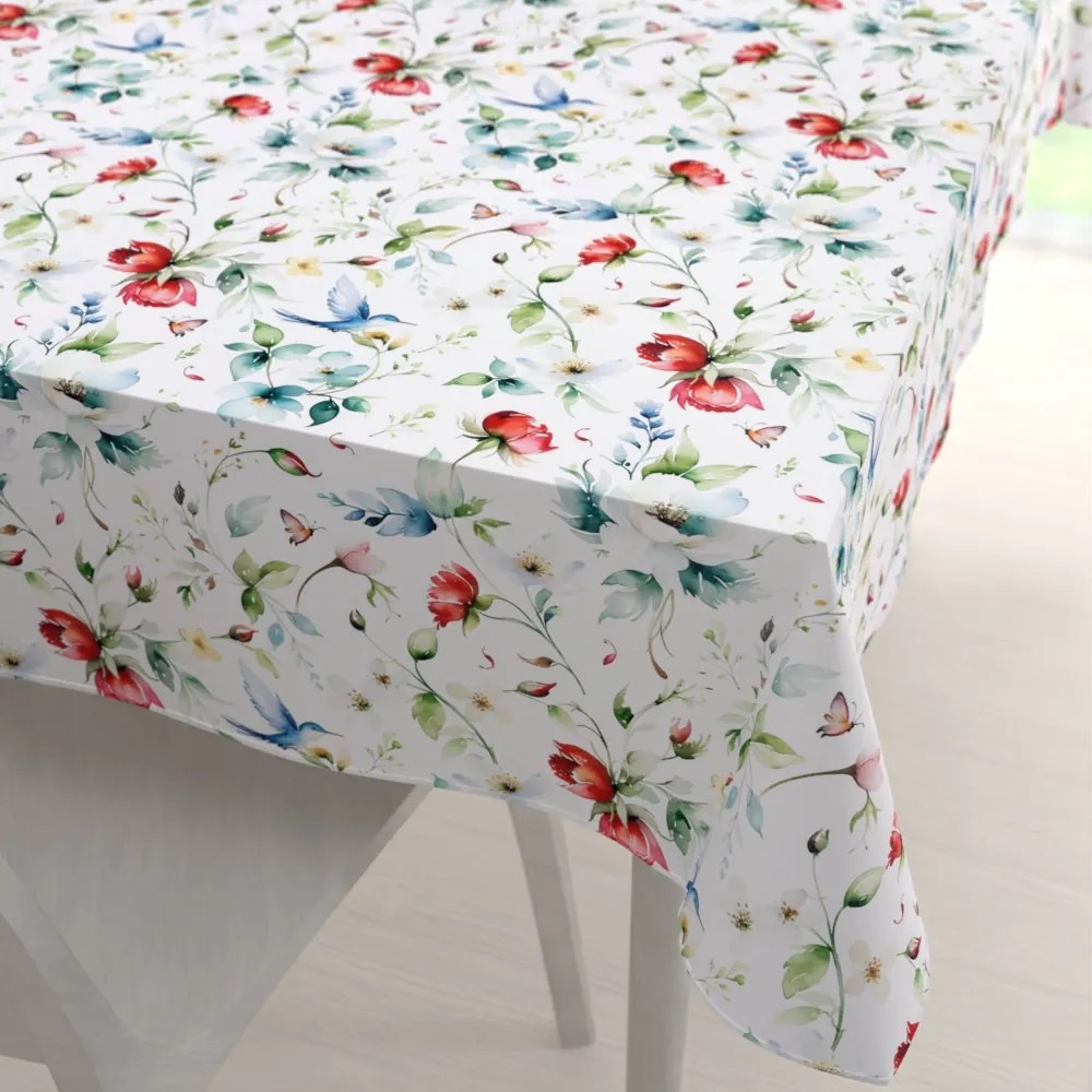 Biante Teflónový obdĺžnikový obrus TF-116 Akvarelové kvety s kolibríkmi na bielom 60x100 cm