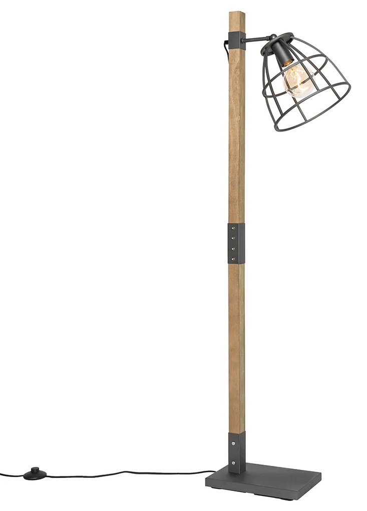 Priemyselná stojaca lampa tmavosivá s drevenými prvkami - Arthur