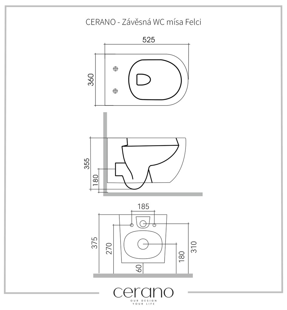 Cerano Felci, závesná WC misa Rimless 525x360x355 mm + UF toaletné sedátko, biela lesklá, CER-CER-417377