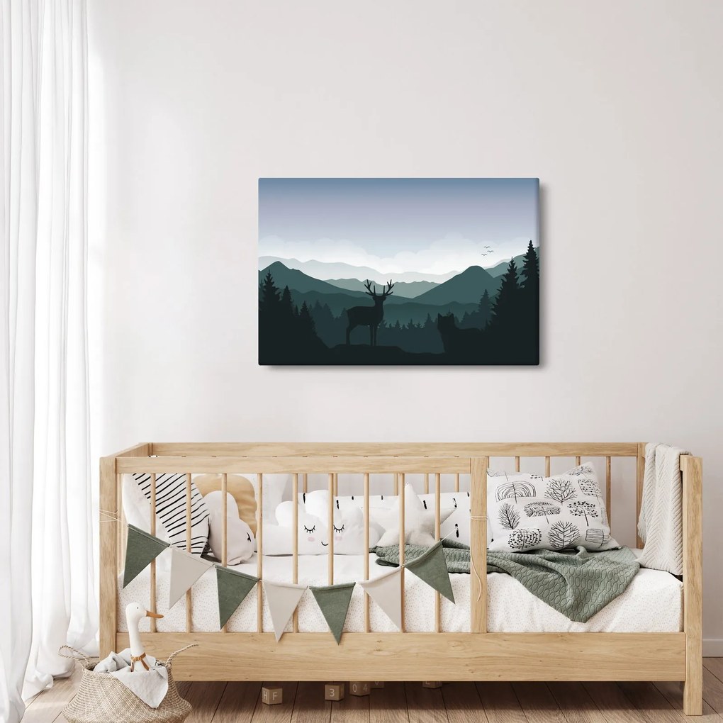 Obraz - Jeleň s vlkom v skalách (90x60 cm)