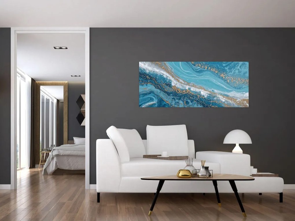 Obraz - Bledomodrý mramor so zlatom I. (120x50 cm)