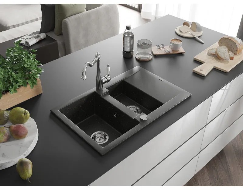 Mexen Gaspar, granitový drez 752x436x161 mm, 1,5-komorový a drezová batéria Carla, čierna-zlatá metalíza, 6507-75-670700-00