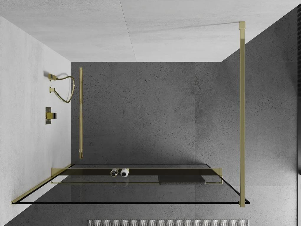 Mexen Kioto+, sprchová zástena s poličkou a držiakom na uteráky 120 x 200 cm, 8mm číre sklo vzor čierny rám, zlatý profil, 800-120-121-50-70