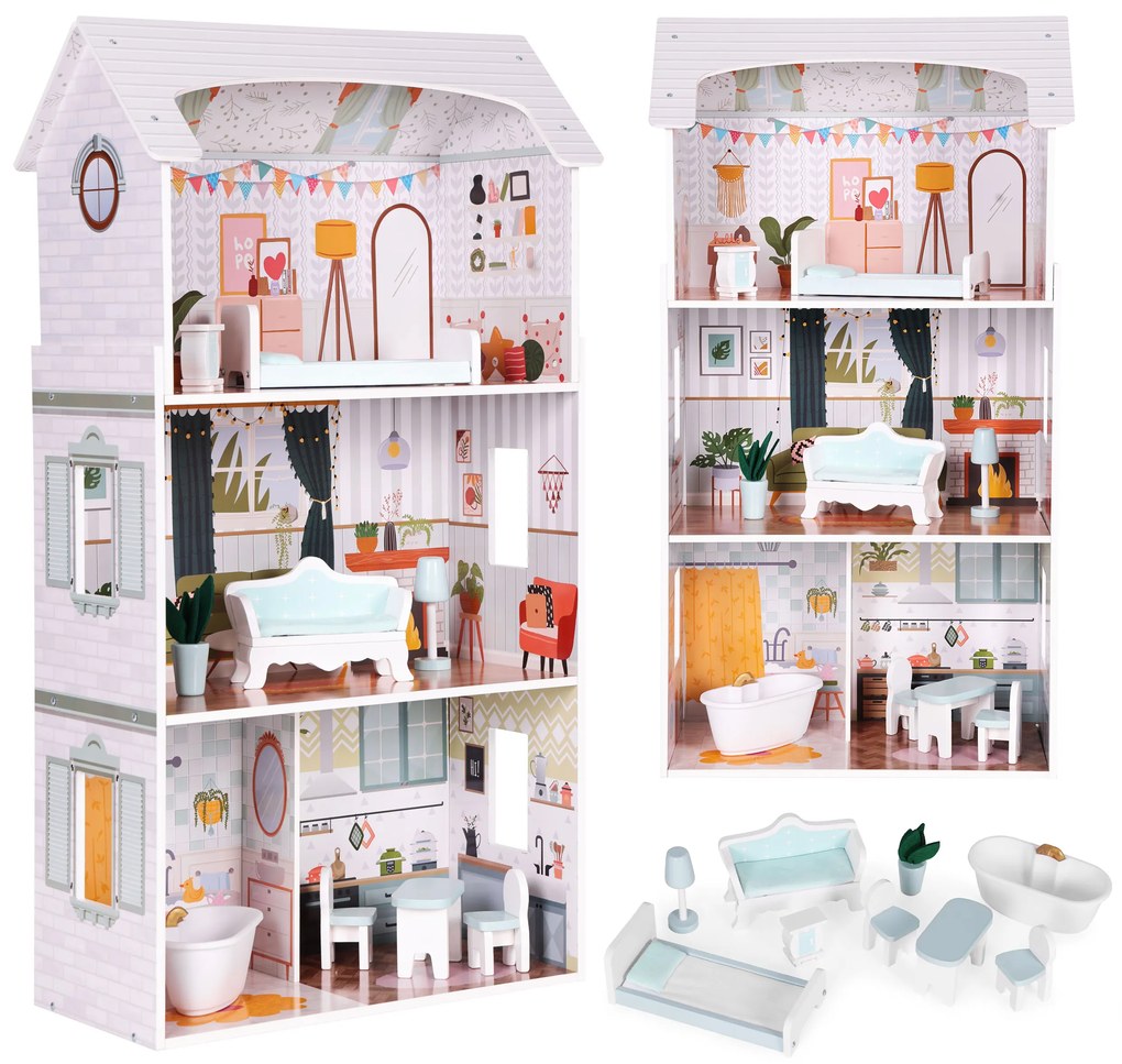 Domček pre bábiky, 3 poschodia, 4 izby, sada 9 kusov nábytku, ECOTOYS